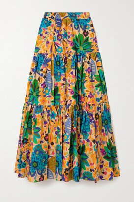 Tiered Pleated Floral-print Cotton-poplin Maxi Skirt - Blue