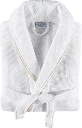 Linum Home Unisex Waffle Weave Terry 100% Turkish Cotton Bathrobe with Satin Piped Trim - White, Gold