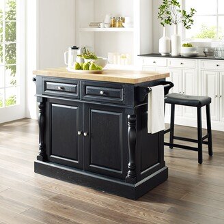 Crosley Furniture Oxford Butcher Block Top Kitchen Island in Black Finish with 24 Black Upholstered Saddle Stools