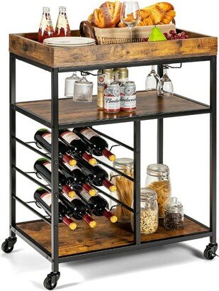 3-Tier Rolling Kitchen Cart Utility Trolley w/ Wine Bottle Rack