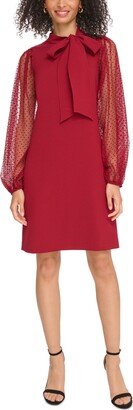 Petite Tie-Neck Flocked Mesh-Sleeve Dress