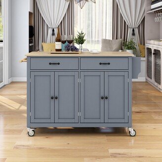 EDWINRAY 54.3 Kitchen Island Multifunction Storage Kitchen Cart with Solid Wood Top and Locking Wheels for Dinning Room,Grey Blue