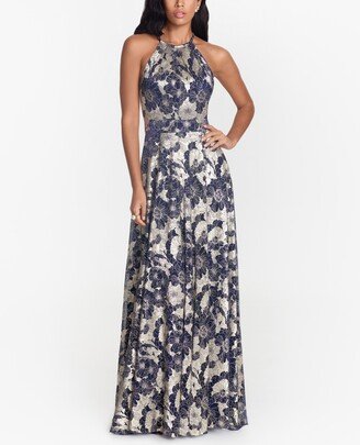 Petite Floral Halter-Neck Gown - Navy/Gold Floral