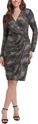 Petite Metallic Long-Sleeve Wrap Dress - Gold/Black