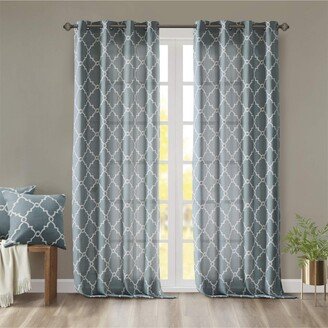 Gracie Mills Saratoga Basketweave Blue Ground Light Beige Fretwork Print Window Curtain, 50x108, Silver Grommet Top