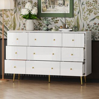 Timechee Sleek White Dresser with 9 Drawers and Gold Knob Handles Chest Glossy