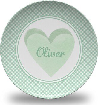 Personalized Green Heart Valentine Gingham Plate - Microwave Safe Conversation Hearts