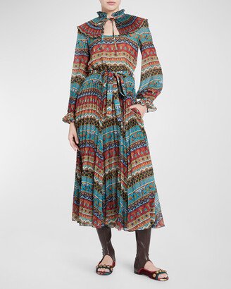 Nefertiti Abstract-Print Pleated Long-Sleeve Midi Dress