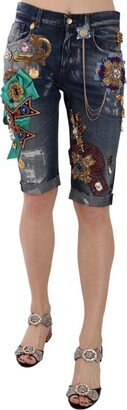 Blue Denim Mid Waist Crystal Capri Women's Shorts