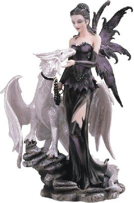 10H Gothic Black Fairy with White Dragon Statue Fantasy Decoration Figurine Home Decor Perfect Gift for House Warming, Holidays and Birthda