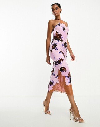 one shoulder strappy midi dress with lace trim in spaced floral