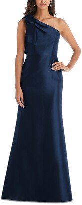 Bow-Trim One-Shoulder Satin Gown