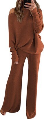 Linsery 2 Piece Wide Leg Pants Set for Women One Shoulder Knit Top and Pants Set Two Pieces Ribbed Y2k Streetwear Brown S