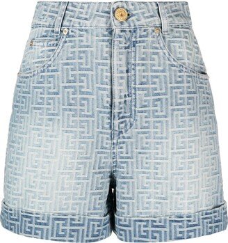 Blue Monogram Print Denim Shorts