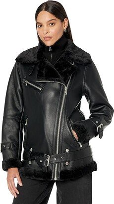 Oversized Faux Shearling Biker Jacket (Black/Black) Women's Clothing