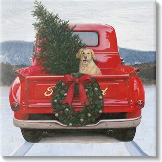 Christmas Tree & Dog Red Truck Driving Snowy Scene