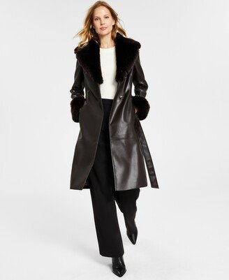 Women's Faux-Leather Faux-Fur-Trim Trench Coat