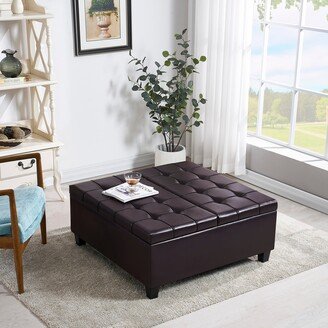 GREATPLANINC Simple Coffee Table Faux Leather Folding Storage Ottoman Bench Padded Seat with Rubberwood Legs for Lounge Living Room