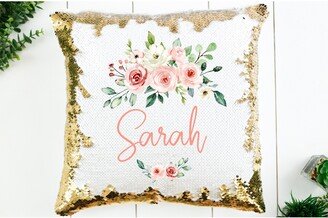 Personalized Sequin Pillow, Gift For Girl, Custom Name Floral Pillow Gifts, Girls Bedroom Decor