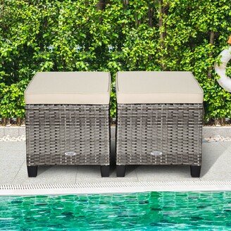 Set of 2 Rattan Patio Ottoman Footrest Wicker Footstool w/ Beige - See Details