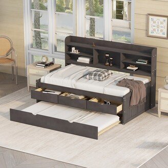 TOSWIN Captain Bed with Built-in Bookshelves, Three Storage Drawers, and Trundle-AA