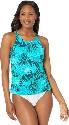 BeanSport High-Neck Tankini Print (Classic Teal Blue Palm) Women's Swimwear