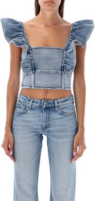 Ruffled-Detail Denim Cropped Top