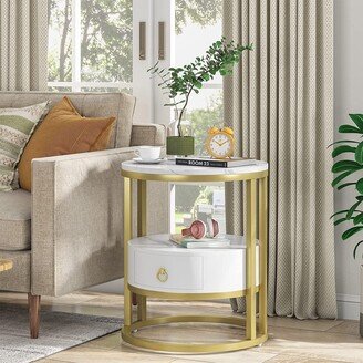 Lee Furniture Modern Nightstand Bedside Table with Drawer, White & Gold Round Night Stand for Bedroom