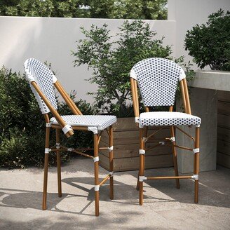 Taylor & Logan Neave Indoor/Outdoor Stackable French Bistro Counter Stools in White/Navy PE Rattan with Bamboo Print Frame