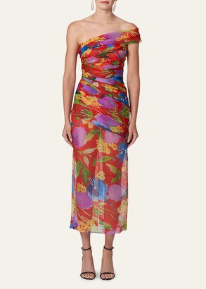 Floral One-Shoulder Ruched Midi Dress with Shoulder Sash