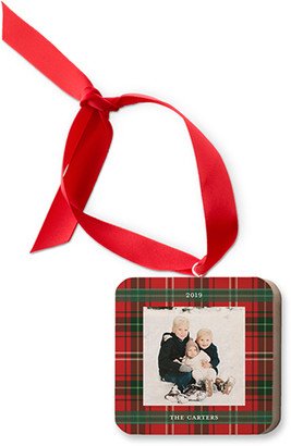 Ornaments: Merry Christmas Plaid Wooden Ornament, Red, Square Ornament