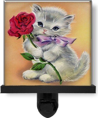 Retro Valentine Adorable Kitty Cat With Rose Glass Photo Night Light, Decorative Lights