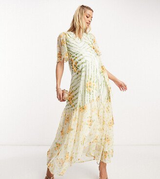 Hope & Ivy Maternity flutter sleeve wrap maxi dress in contrast green floral