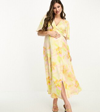 Flounce London Maternity flutter sleeve wrap satin maxi dress in floral print