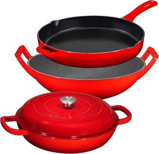 3 Piece Red Enameled Cast Iron Cookware Gift Set - Braiser Pan, Skillet & Balti Dish, 3.8 Quarts