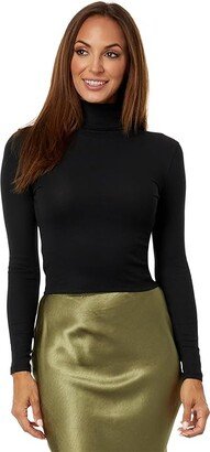 Cropped Turtleneck Top in Contrasting Stripe (True Black) Women's T Shirt