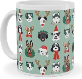 Mugs: Christmas Holiday Puppy Dogs - Green Ceramic Mug, White, 11Oz, Green