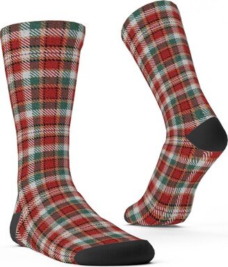 Socks: Fuzzy Look Christmas Plaid - Red And Green Custom Socks, Red