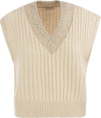 Ribbed Cashmere Waistcoat With Dazzling Neckline