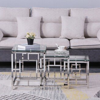 TONWIN 3 Pieces Silver Square Nesting Glass End Tables Set for Living Room