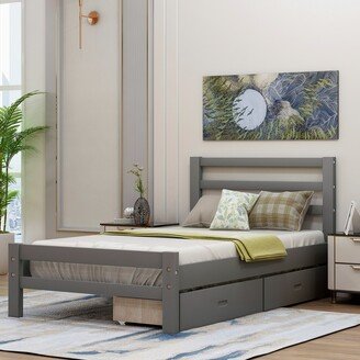 Gerojo Wood Platform Bed Twin Bed with Headboard, Footboard and 2 Drawers, Gray