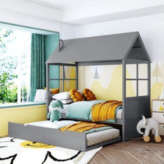 GEROJO House Bed with Trundle, Wooden Daybed Frame with Roof and Window
