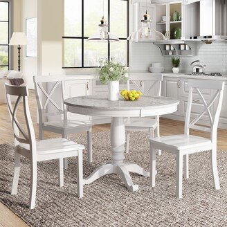 EDWINRAYLLC 5-Piece Simple Solid Wood Dining Table and Chairs Set, Kitchen Room Marble Stickers Round Table and 4 Arc Rubber Wood Chairs