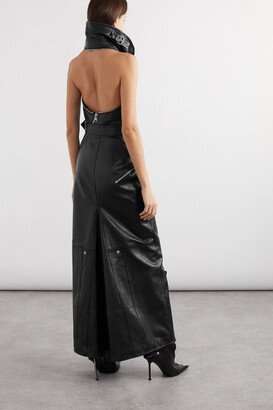 Asymmetric Embellished Leather Halterneck Maxi Dress - Black