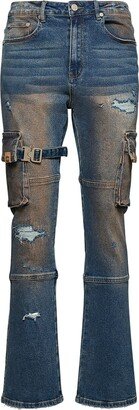 HOMME + FEMME LA Distressed flare cargo jeans w/straps