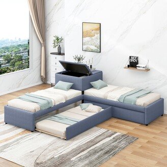 RASOO L-shaped Upholstered Platform Bed with Trundle and Built-in Storage - 3 Beds in 1