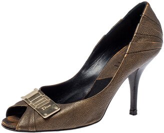 Khaki Brown Leather Metal Detail Peep Toe Pumps Size 39.5