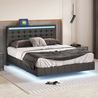 Sunmory Queen Size Floating Bed Frame with LED Lights and USB Charging