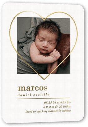 Birth Announcements: Welcome Heart Birth Announcement, Gold Foil, Grey, 5X7, Matte, Personalized Foil Cardstock, Rounded