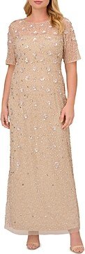 Adrianna Papell Plus Embellished Floral Mesh Gown